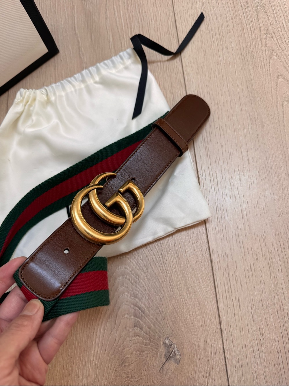 Gucci Brown Leather Belt with Green and Red Web and Gold Double G Buckle 85*34 - Picture 7 of 9